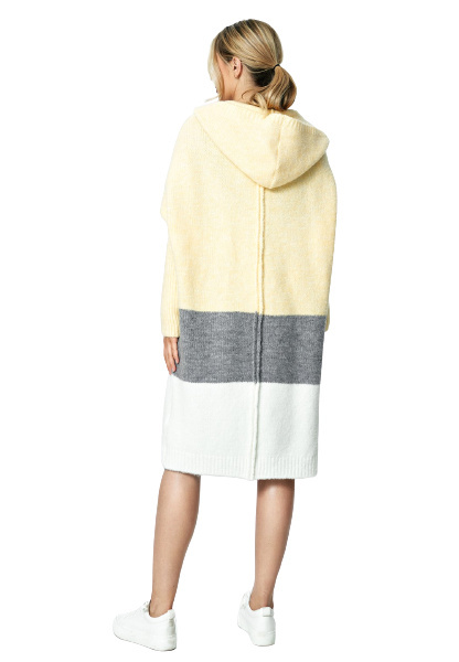 Sweter damski długi w pasy z kapturem bez zapięcia żółty